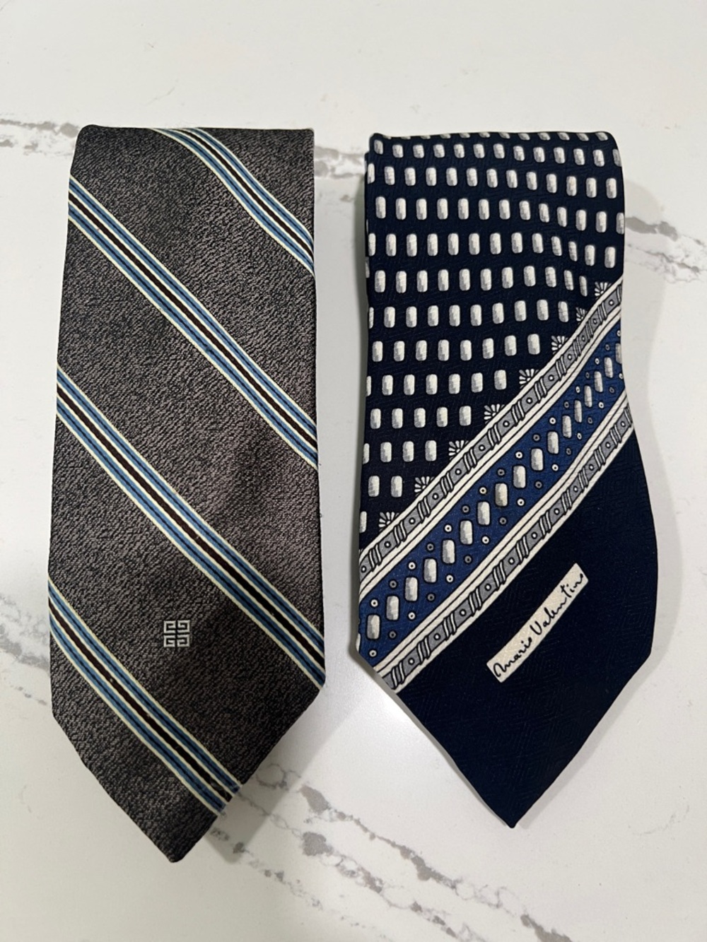 Mario Valentino and Givenchy Monsieur Navy and Gray Patterned Silk Tie Pair